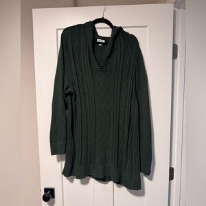 Market & Spruce Forest Green Cable Knit V-Neck Hoodie Sweater